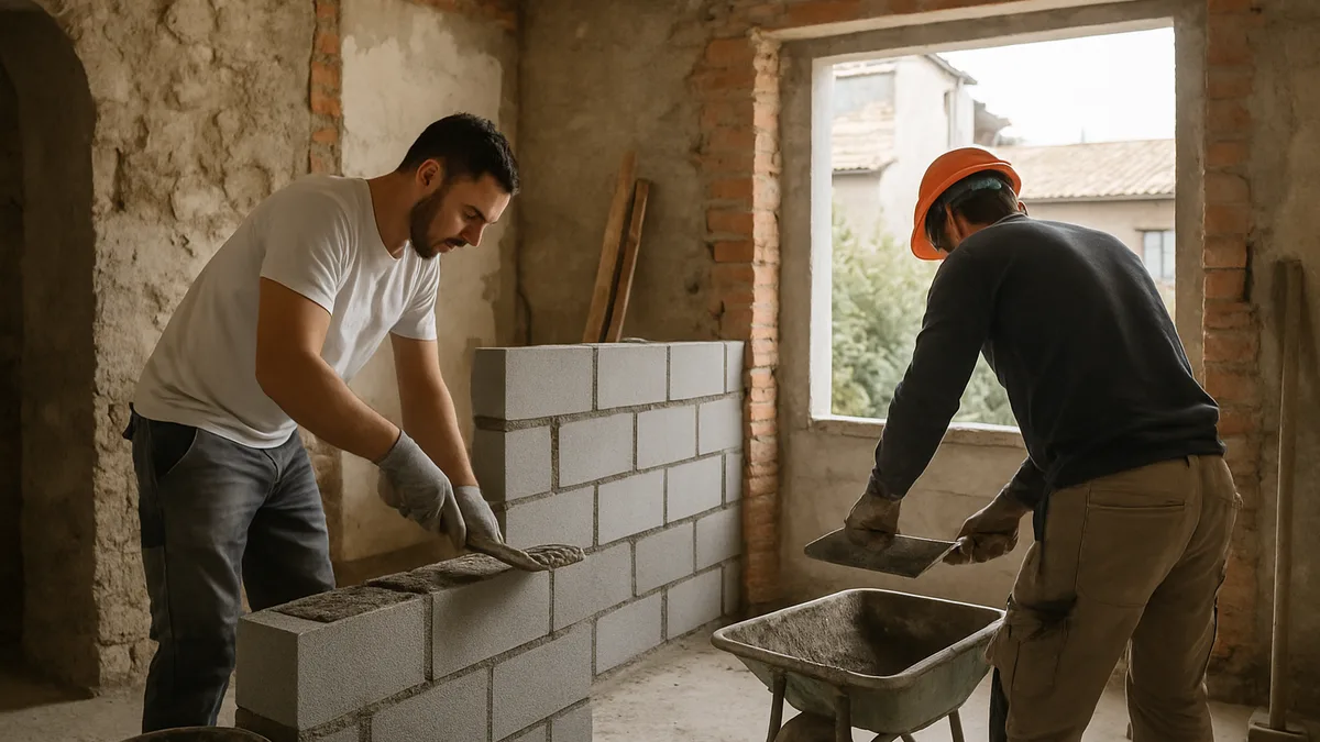 Travaux de maçonnerie intérieure à Montpellier, montrant des artisans en action