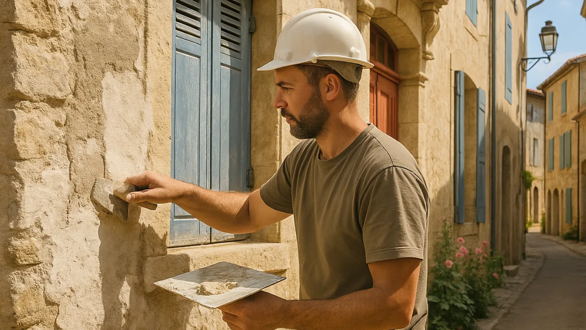 Ravalement de façade dans un village de l'Hérault