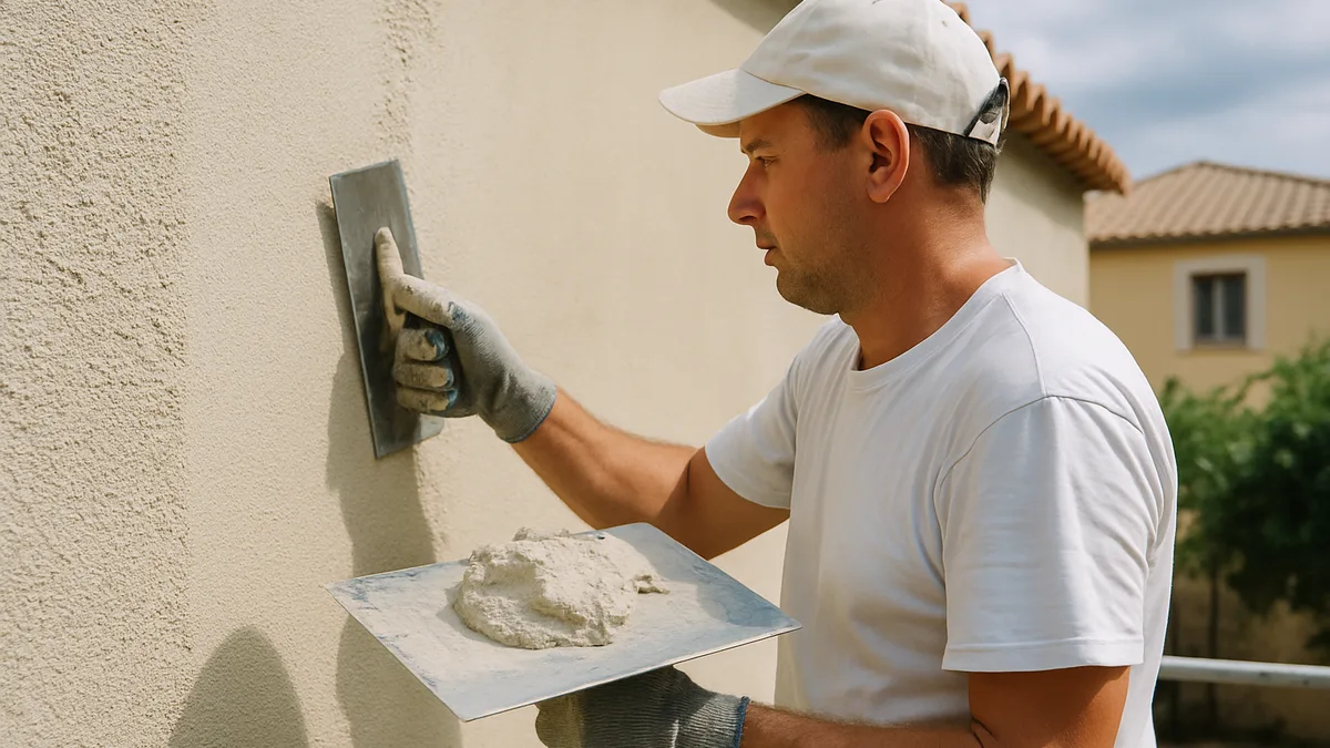 Artisan appliquant de l'enduit sur une façade de maison à Montpellier